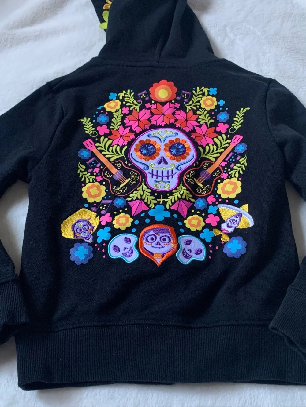 Disney Parks Kids Black Coco Hoodie with Colorful Sugar Skull Back Graphic Size